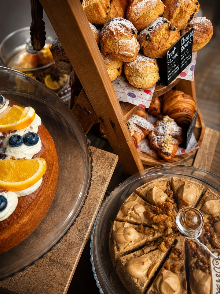 Scones, croissants and homemade cakes on the Wheldrakes counter