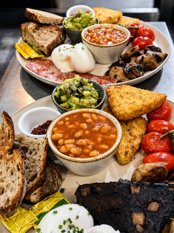 Two generous breakfast plates with beans, eggs, mushrooms and sourdough