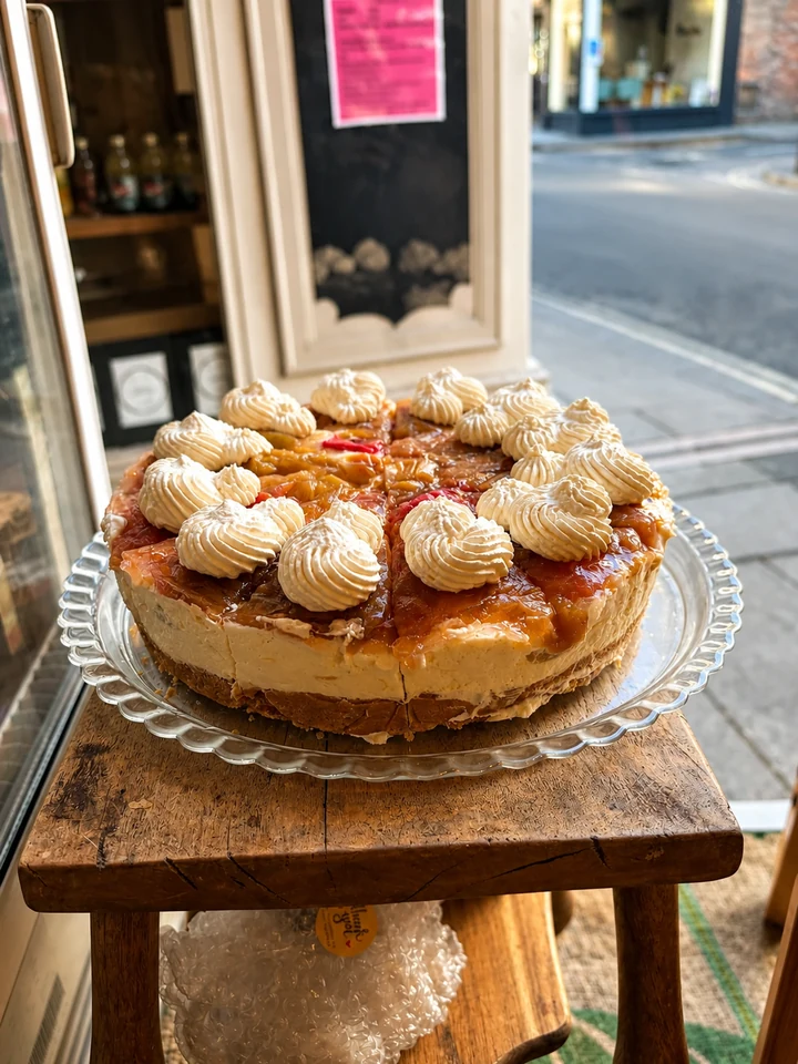 A caramel-topped cake with piped cream in the Wheldrakes window