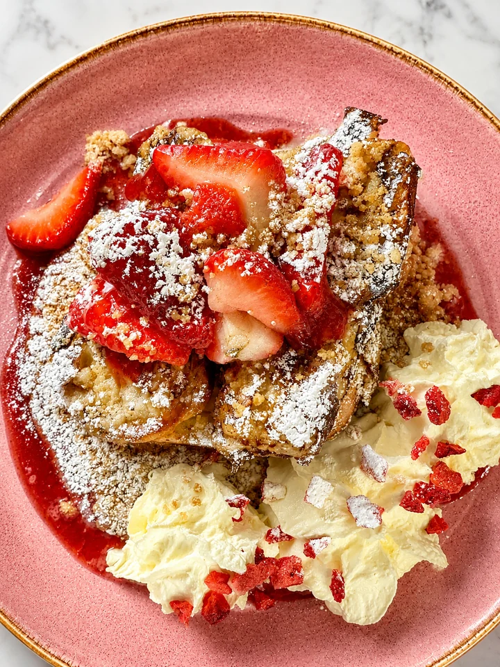 Strawberry French toast with cream on a pink plate