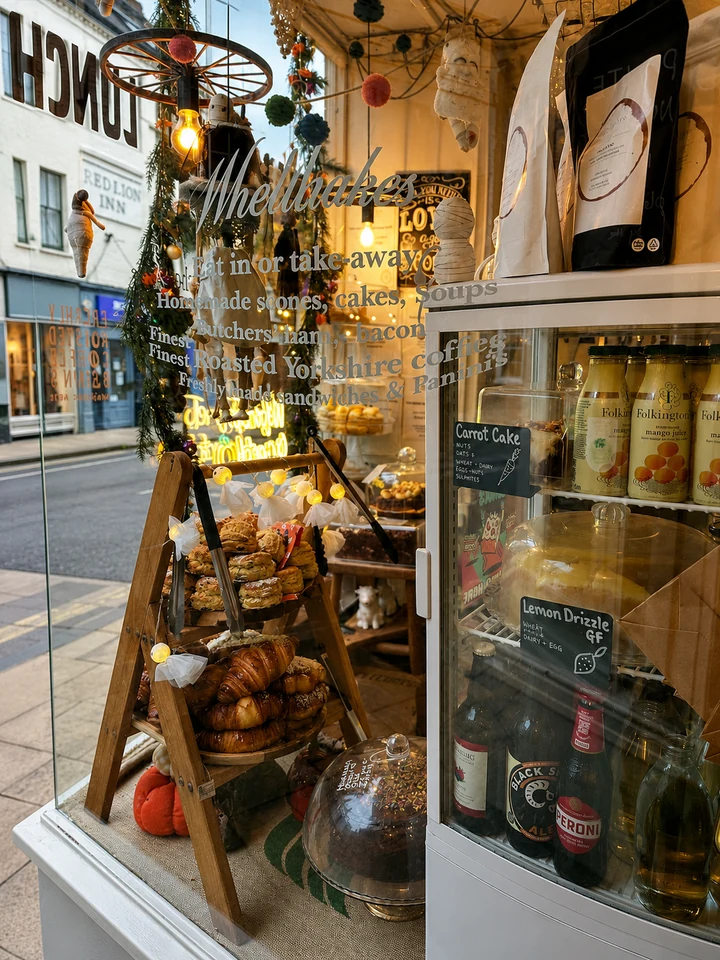 The Wheldrakes window filled with bakes, drinks and café details